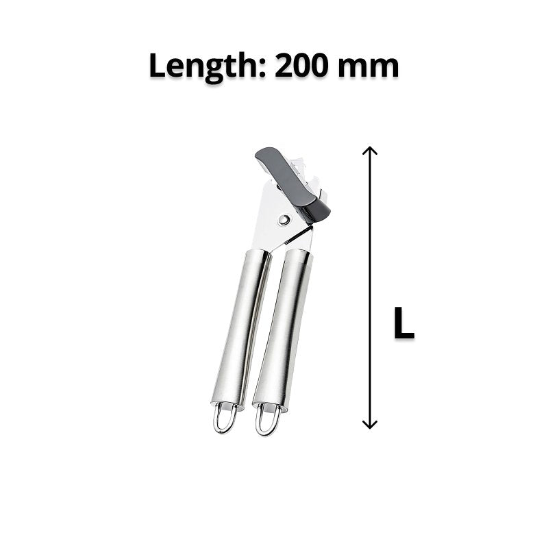Connoisseur stainless steel can opener with an arrow marking its length under the heading Length 200 mm