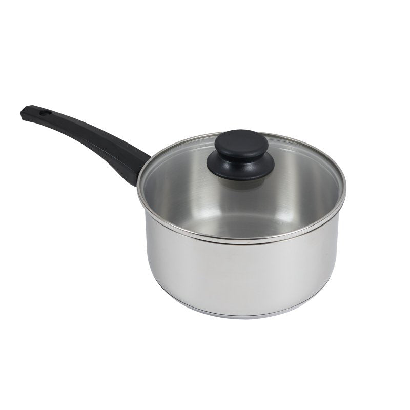 Connoisseur 20 cm stainless steel saucepan with a glass lid, black knob and black Bakelite handle, on a white background