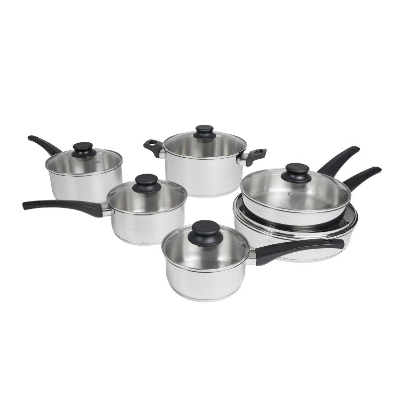 The Connoisseur stainless range together: saucepans, a stockpot and frypans with glass lids and black handles