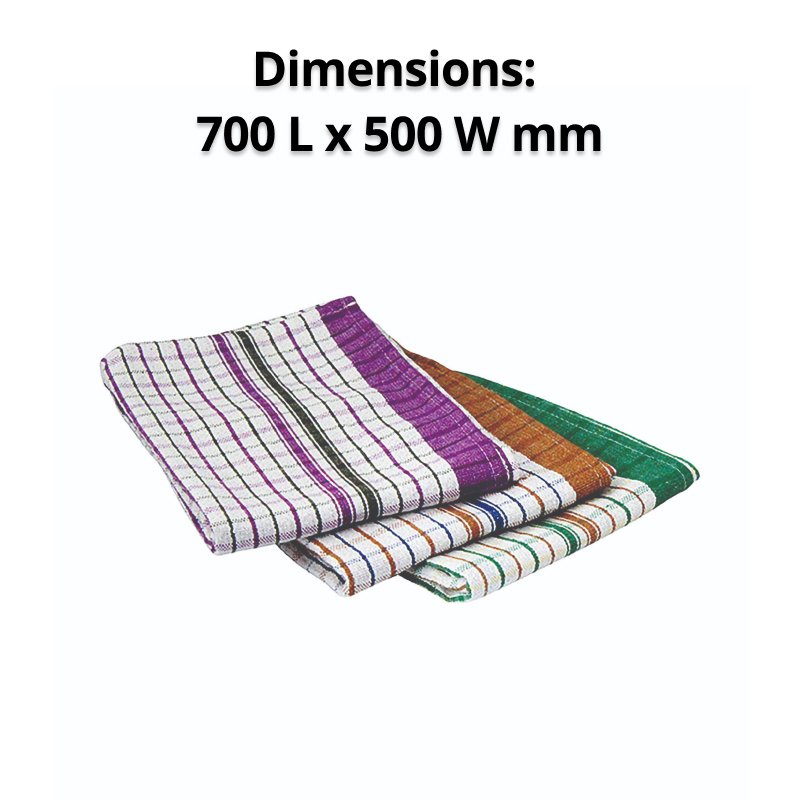 Weatherdon dimension tile showing the three stacked striped tea towels with the caption Dimensions 700 L x 500 W mm