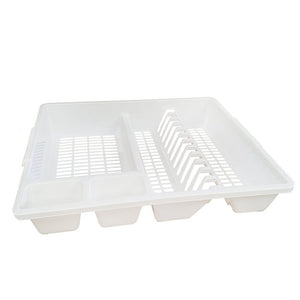 White Connoisseur plastic dish drainer with a row of plate slots, a grid floor and four cutlery pockets along the front edge