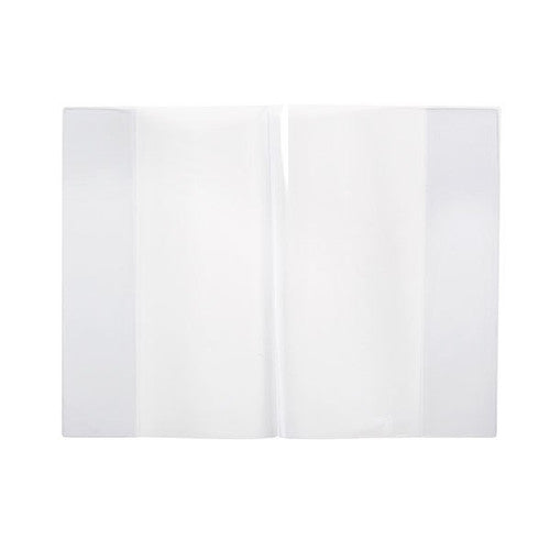 Close-up of clear A4 book sleeve fitted over a school workbook showing cover visible through transparent material