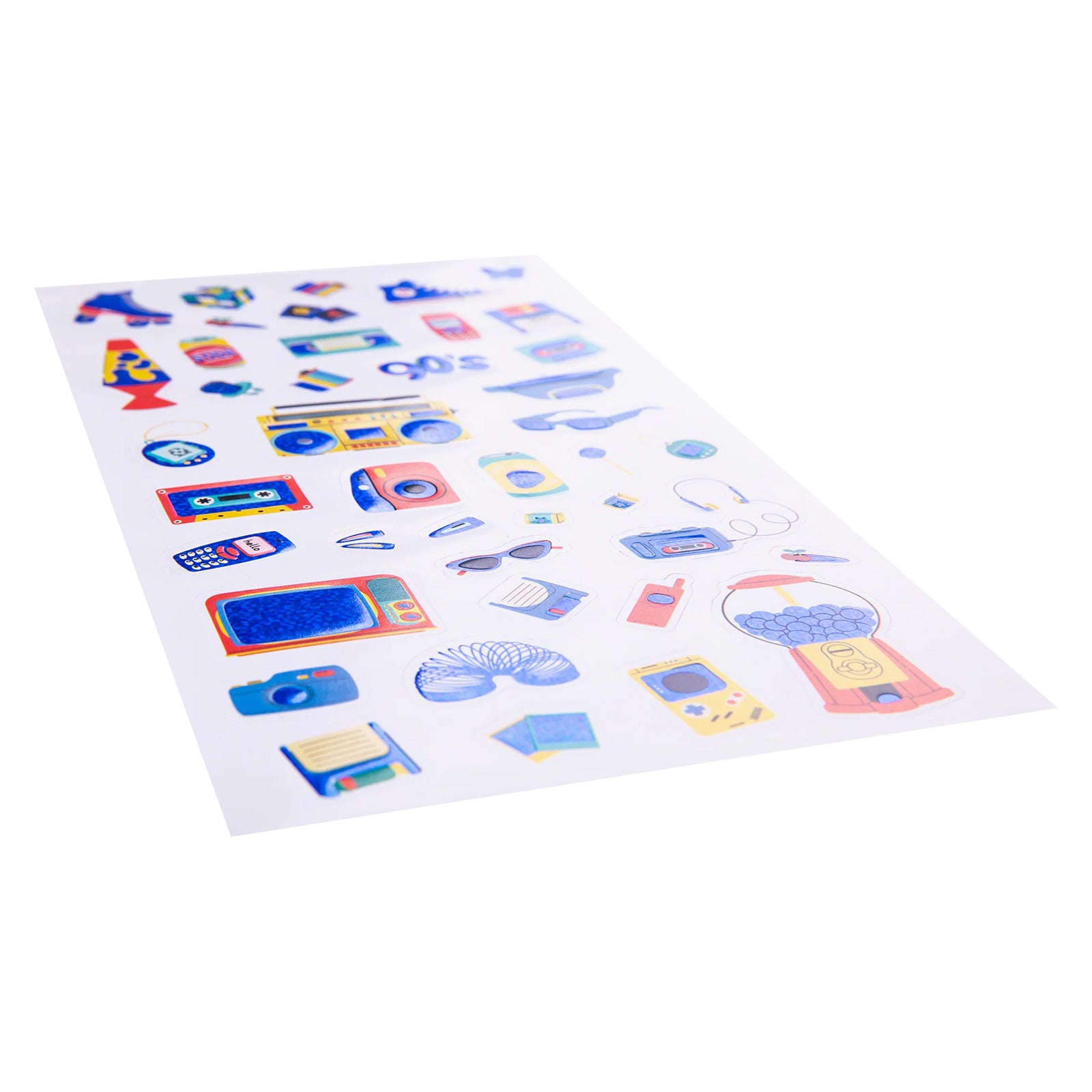 Angled view of the complete sticker sheet highlighting the holographic foil finish across a collection of retro gadgets, accessories and entertainment themed designs.