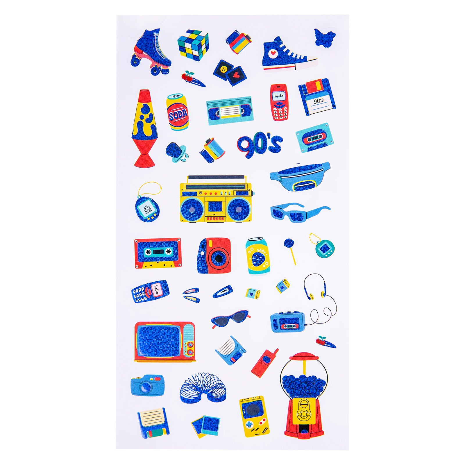 Full product image showing the entire Cool Classics sticker collection with colourful vintage inspired icons, classic technology and nostalgic accessories arranged on a holographic backing sheet.