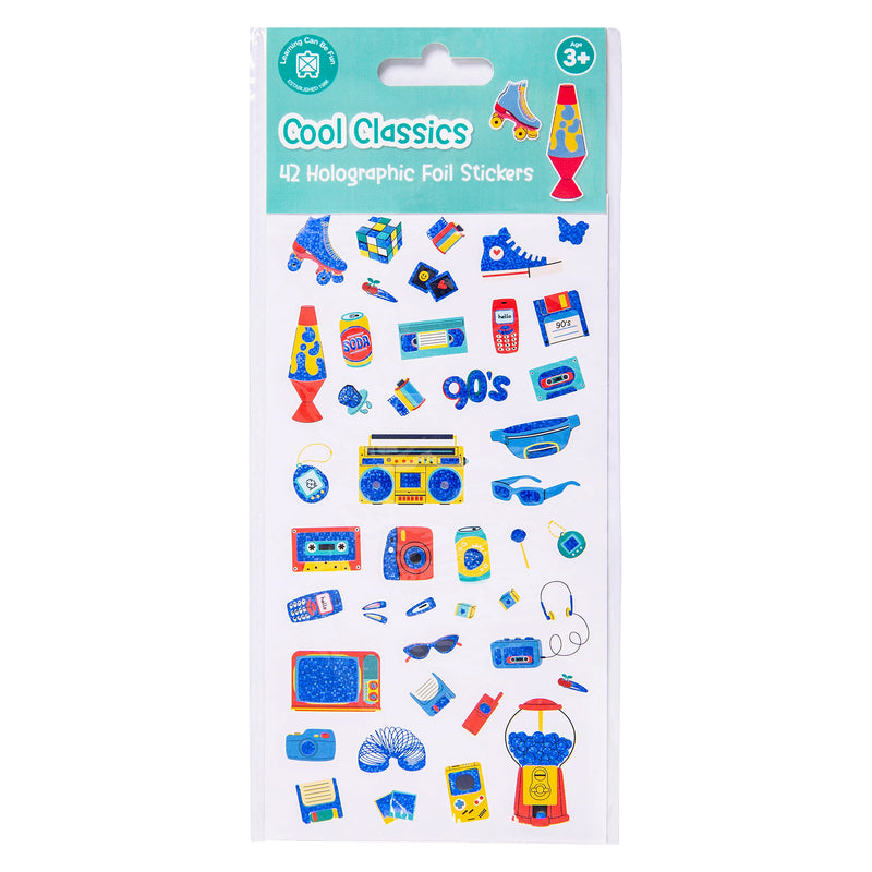 Retail packaging of the Learning Can Be Fun Cool Classics Holographic Sticker Set featuring 42 holographic foil stickers inspired by retro trends, classic gadgets and nostalgic favourites.