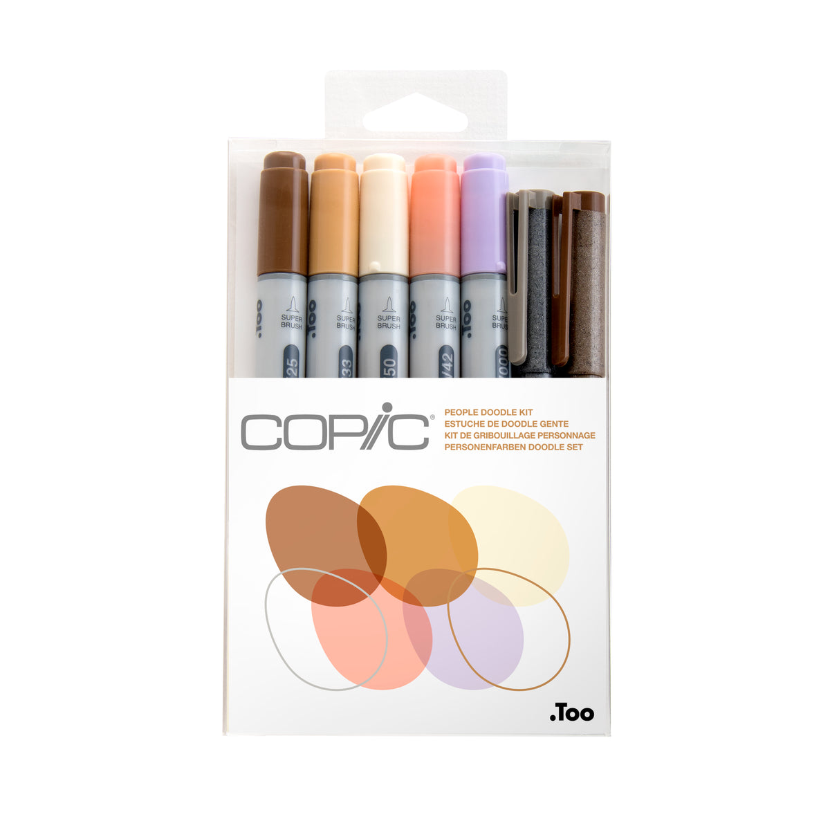 Copic Ciao People Doodle Kit hanging pack showing five brown, sand, cream, salmon and lilac Ciao markers and two Multiliner pens