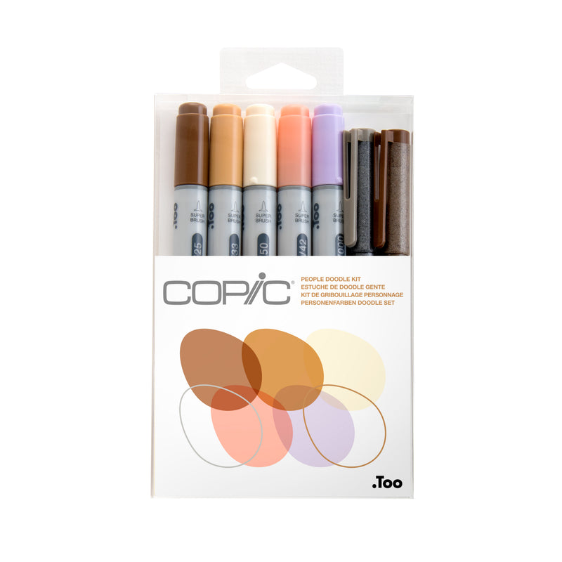 Copic Ciao People Doodle Kit hanging pack showing five brown, sand, cream, salmon and lilac Ciao markers and two Multiliner pens