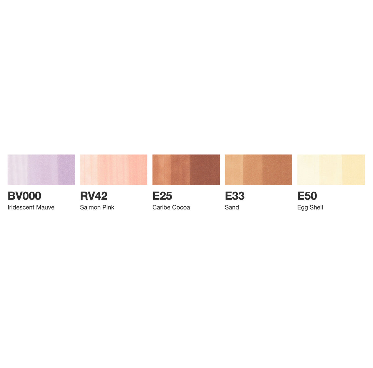 Colour swatch card for the Copic Ciao People Doodle Kit showing BV000, RV42, E25, E33 and E50 with colour names