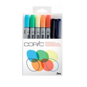 Copic Ciao Rainbow Doodle Kit hanging pack holding blue, green, yellow, orange and red Ciao markers with black and cobalt Multiliner pens