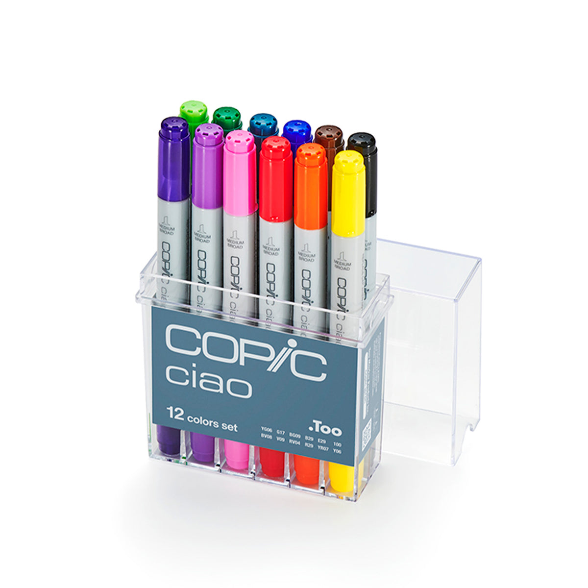 Copic Ciao 12 colour set in an open clear acrylic case with the lid beside it, showing violet, pink, red, orange, yellow, green, blue, brown and black caps