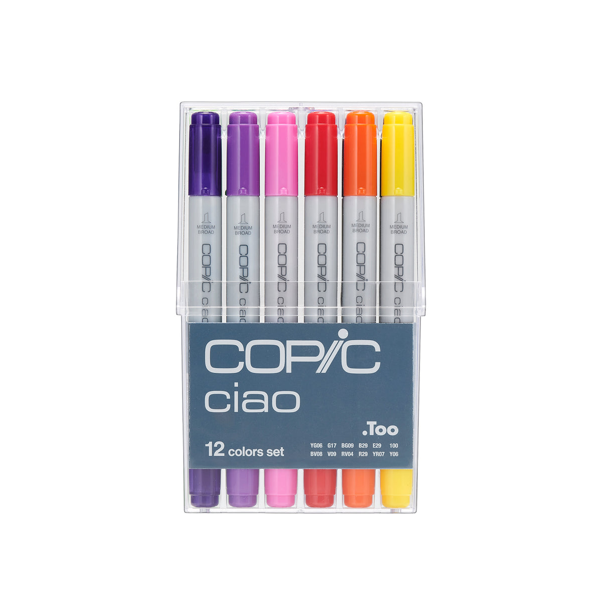 Front view of the Copic Ciao 12 colours set in its closed clear case with the blue grey Copic Ciao label