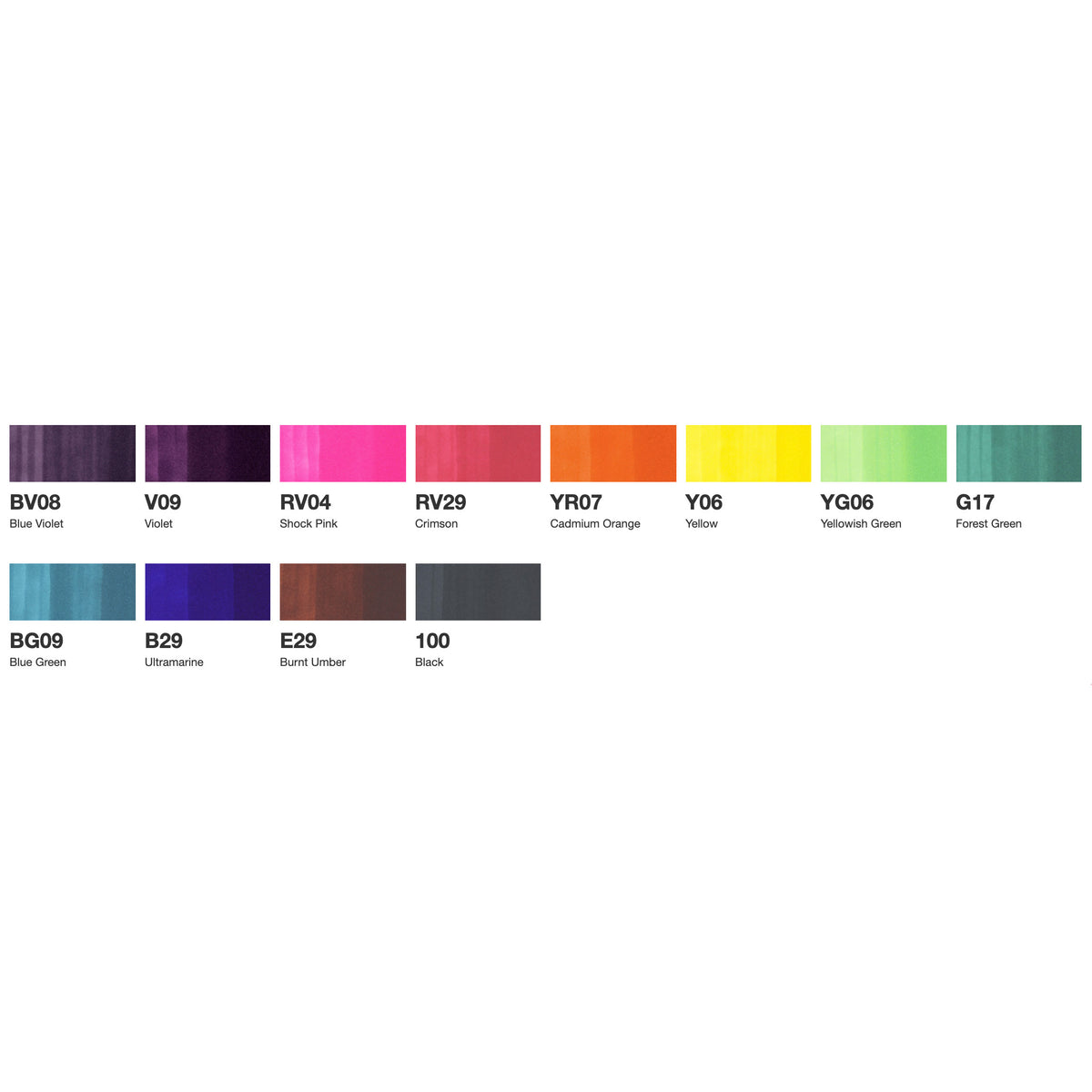 Colour swatch chart for the Copic Ciao 12 colour set listing each marker code and colour name