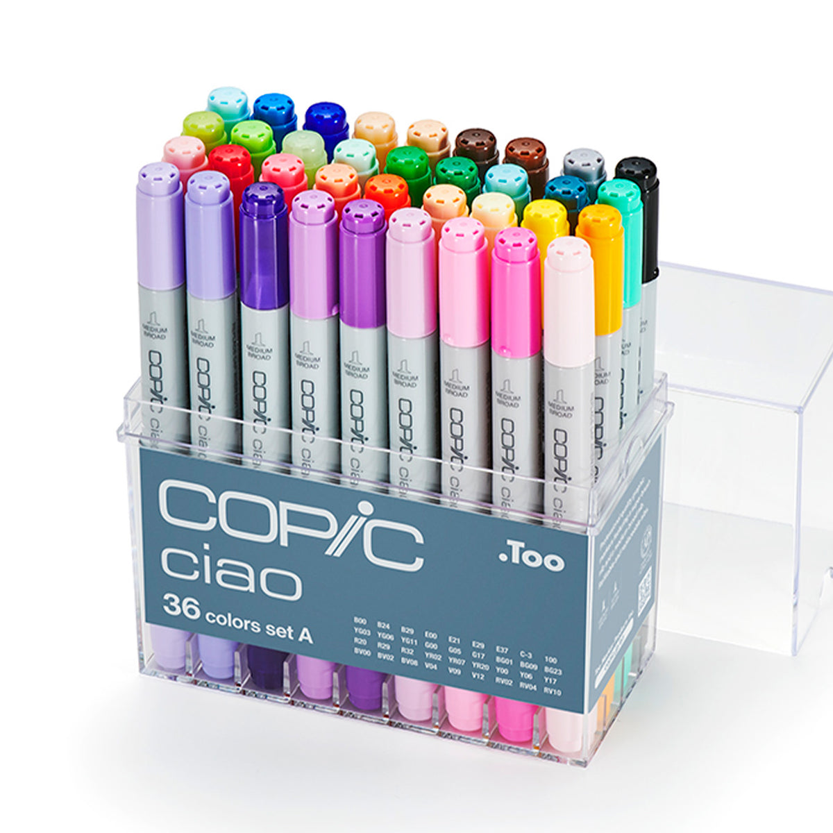Copic Ciao 36 colours set A in an open clear acrylic case with the lid beside it, showing violet, pink, green and yellow caps