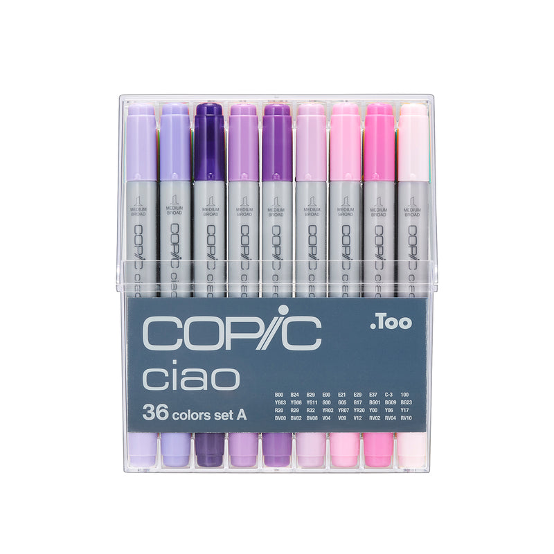 Front view of the Copic Ciao 36 colours set A in its closed case with lilac, purple and pink markers in the front row