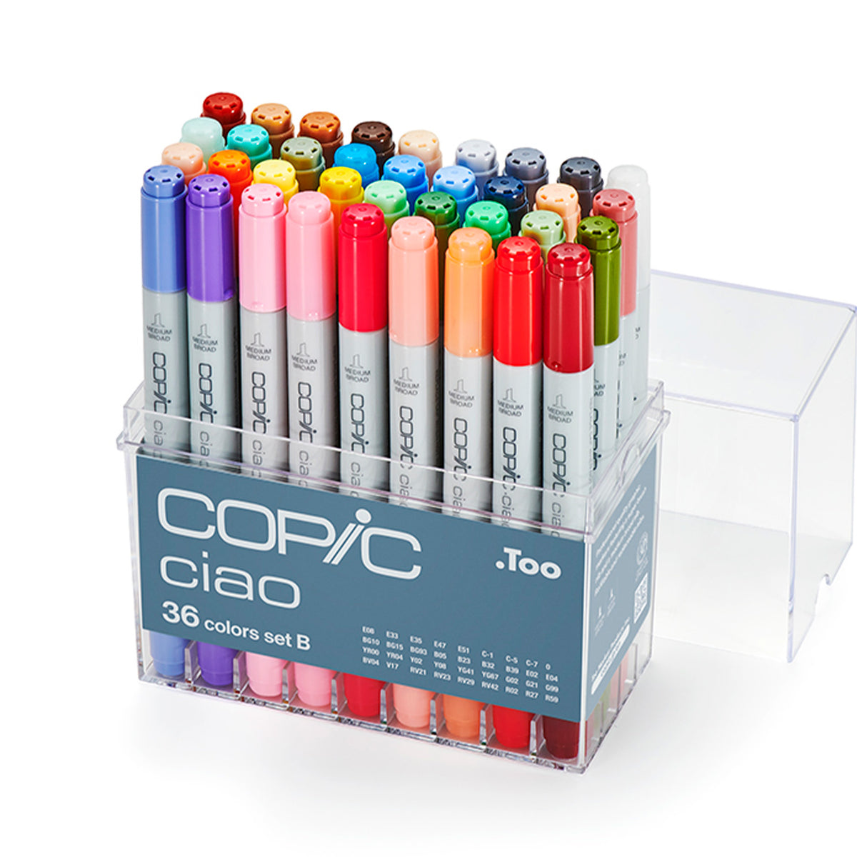 Copic Ciao 36 colours set B in an open clear acrylic case with the lid beside it, showing red, pink, orange, green and blue caps