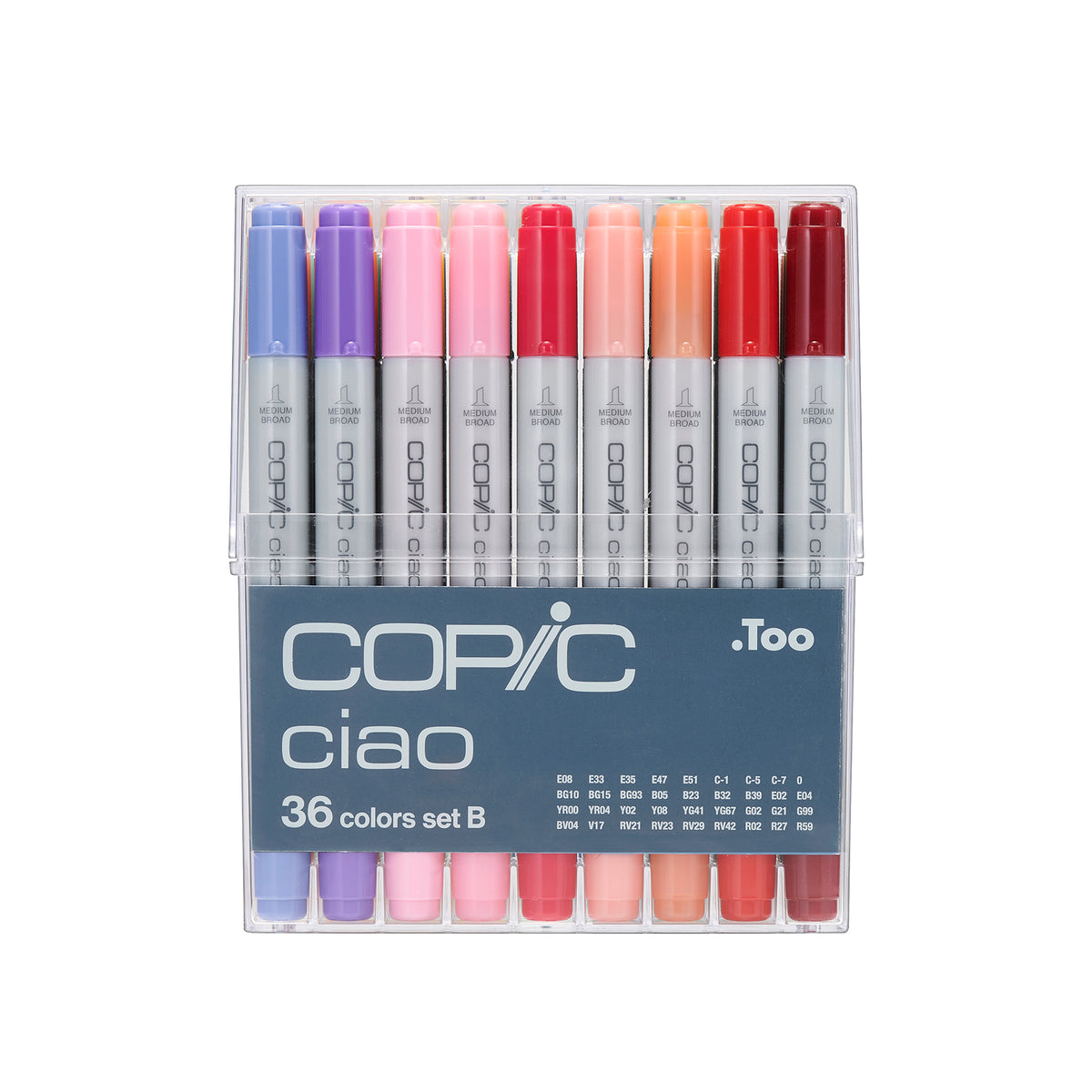 Front view of the Copic Ciao 36 colours set B in its closed case with blue, violet, pink, red and deep red markers in the front row