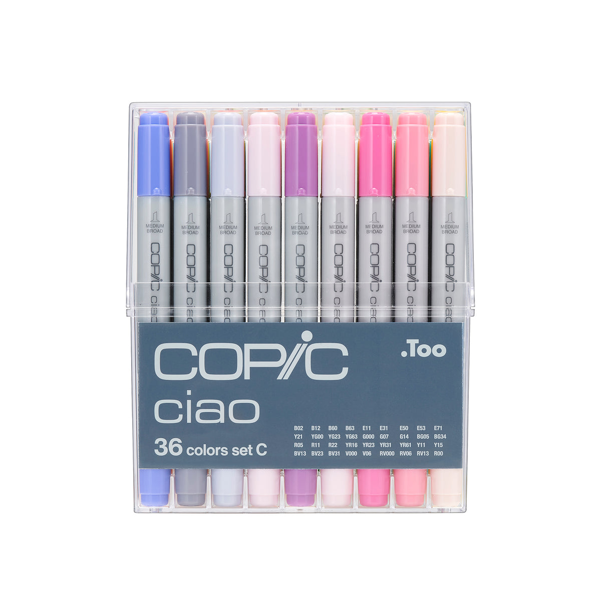 Front view of the Copic Ciao 36 colours set C in its closed case with blue, grey, pale pink, violet and peach markers in the front row