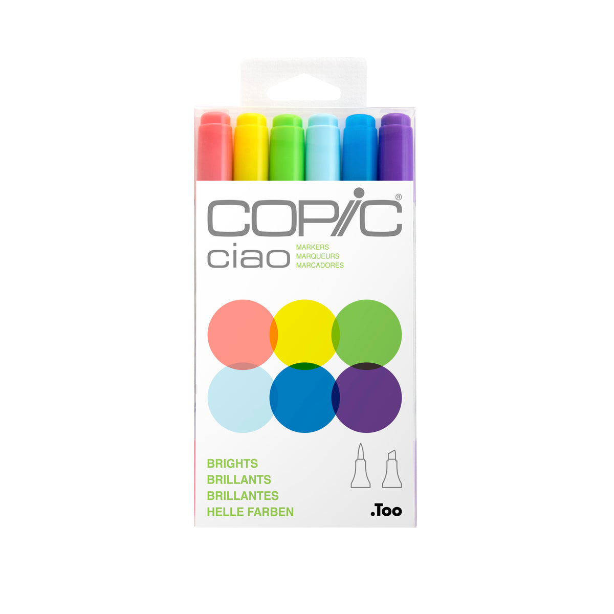 Copic Ciao Brights six marker pack with red, yellow, green, light blue, blue and purple caps above six overlapping colour circles