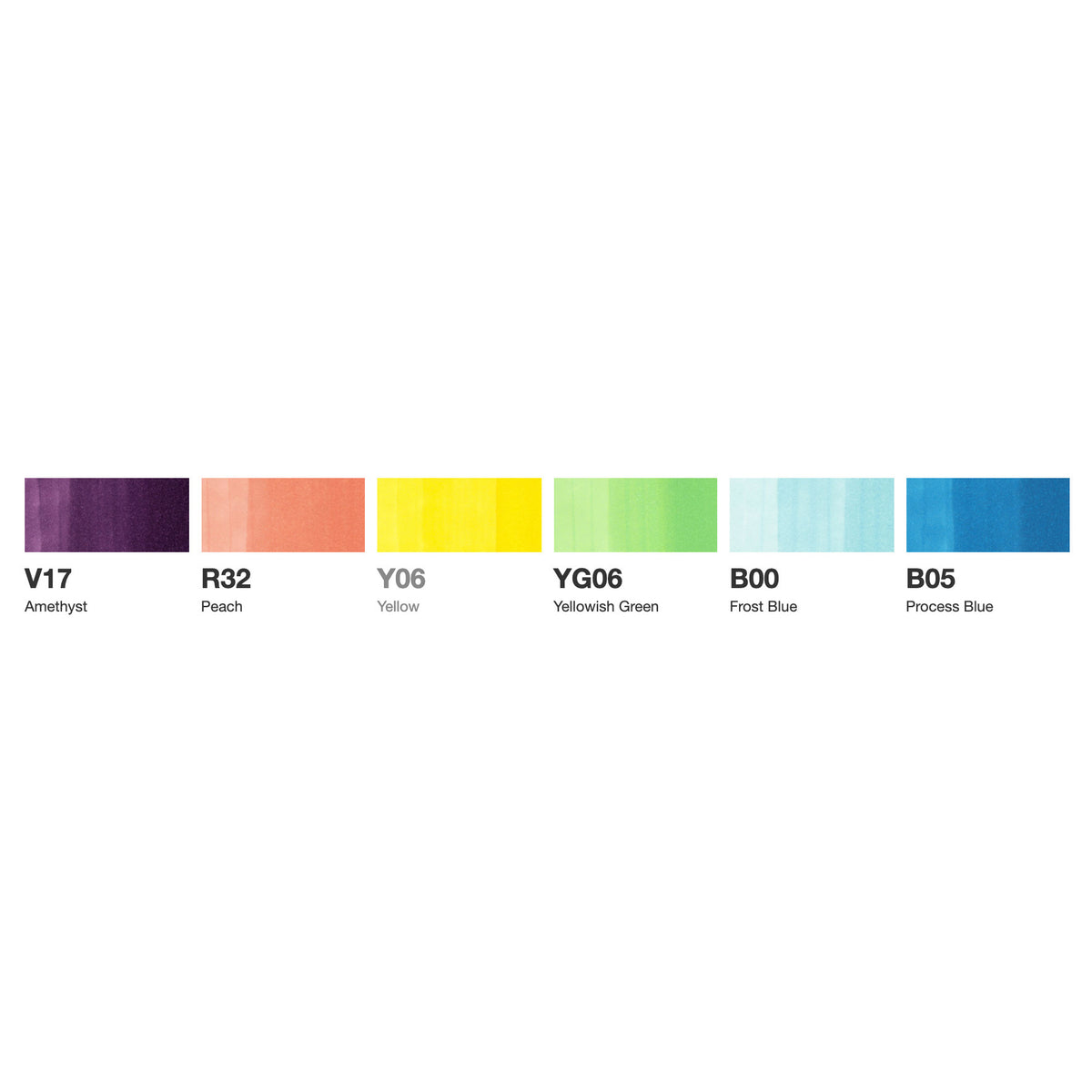 Colour swatch card for the Copic Ciao Brights set showing V17, R32, Y06, YG06, B00 and B05 with colour names