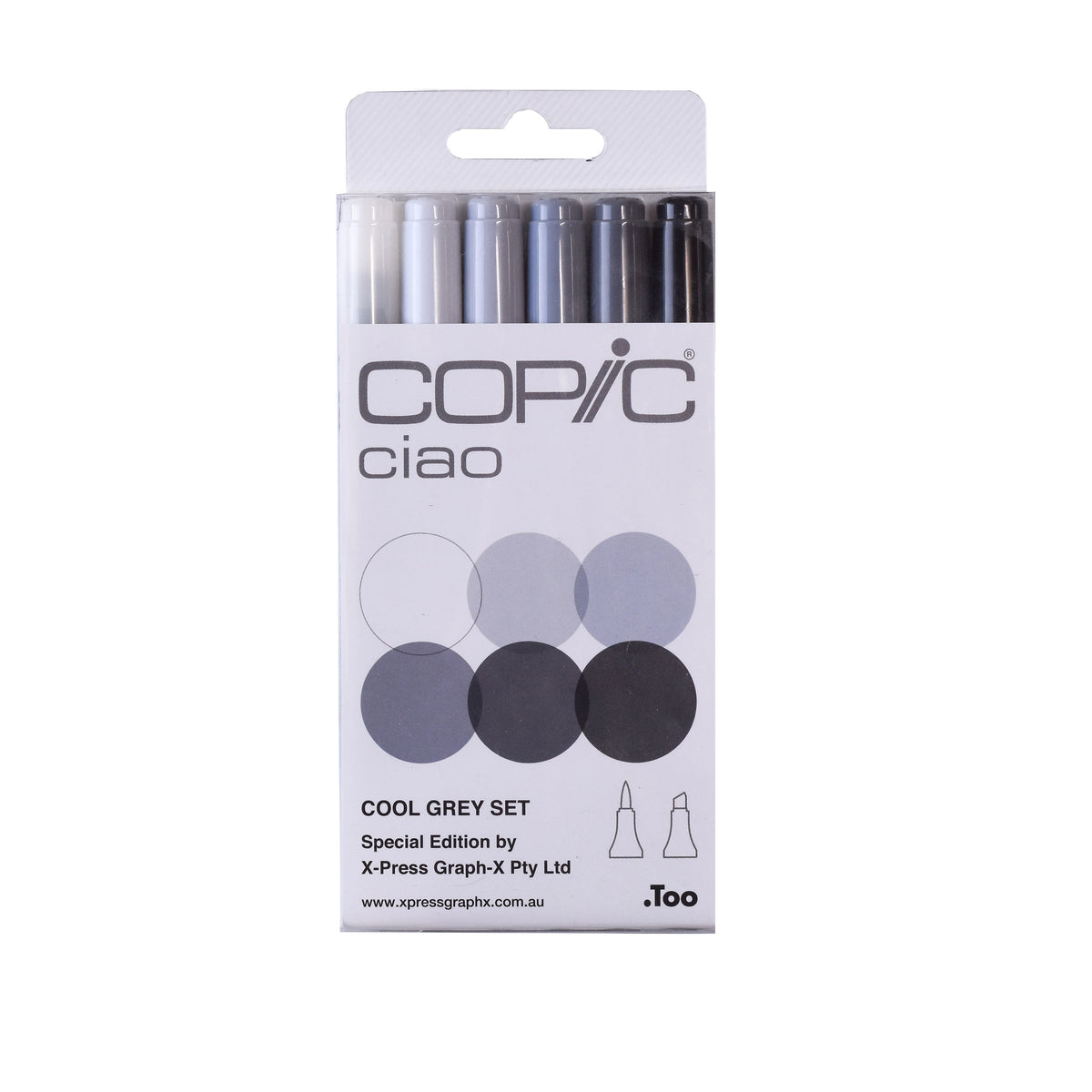 Copic Ciao Cool Grey Set special edition pack with six grey to black markers above six grey colour circles