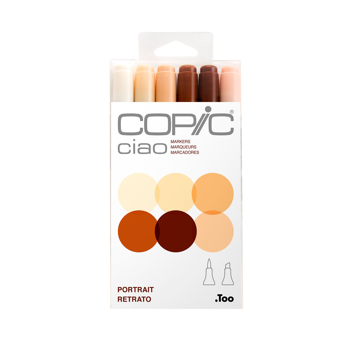 Copic Ciao Portrait six marker pack with cream, beige, tan, brown and pink caps above six earth tone colour circles