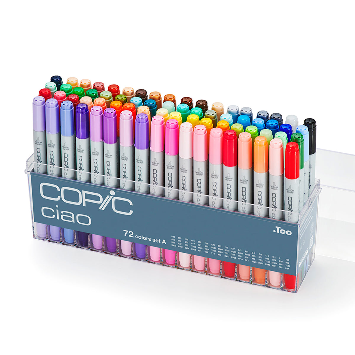 Copic Ciao 72 colours set A in a long open clear acrylic tray with rows of multicoloured marker caps