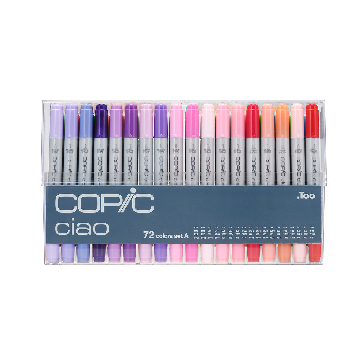 Front view of the Copic Ciao 72 colours set A in its closed clear case with a row of lilac, purple, pink and red markers