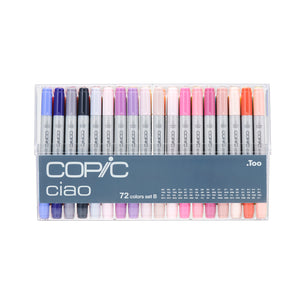 Front view of the Copic Ciao 72 colours set B in its closed clear case with a row of blue, navy, grey, pink, violet and orange markers