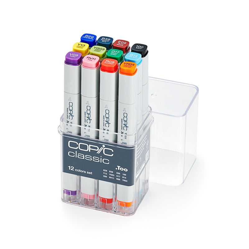 Copic Classic 12 colours set in an open clear acrylic case with bright violet, pink, red, orange, yellow, green and blue caps