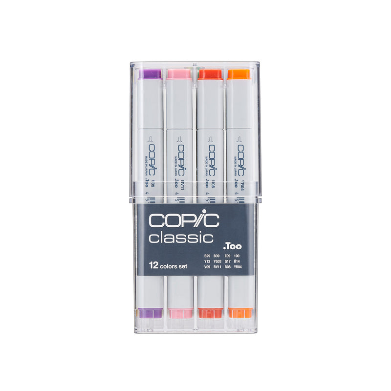 Copic Classic 12 colours set in its closed clear case with colour codes printed on the sleeve