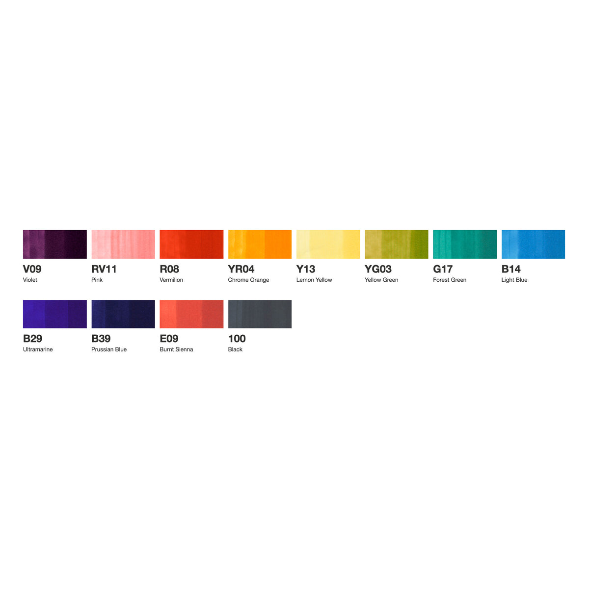 Swatch chart of the 12 Copic Classic colours from V09 Violet to 100 Black