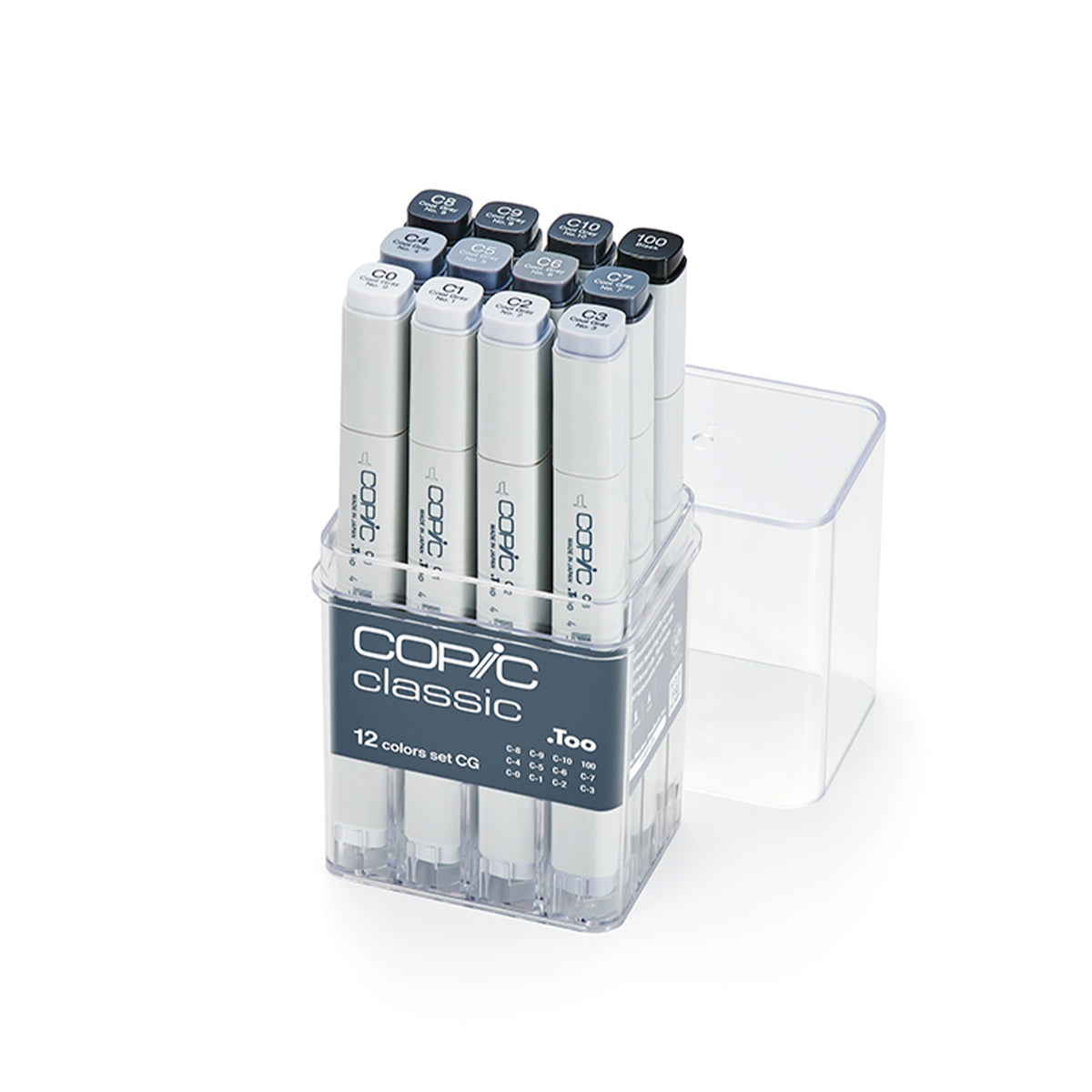 Copic Classic 12 colour Cool Gray set CG in an open clear acrylic case showing C0 to C10 and 100 caps