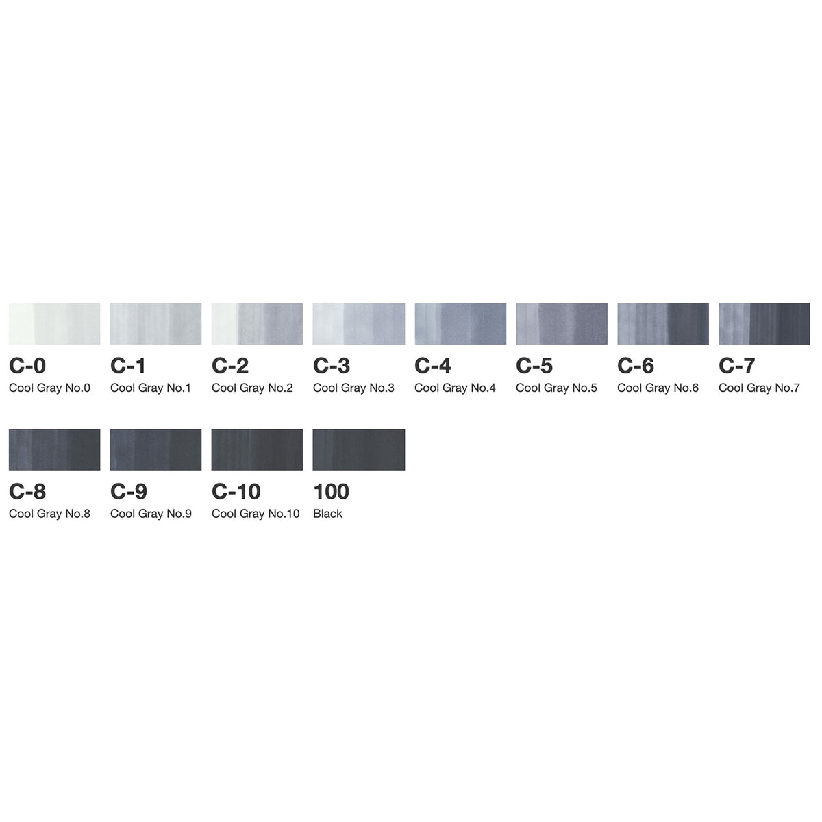 Swatch chart of Copic Cool Gray C-0 to C-10 and 100 Black
