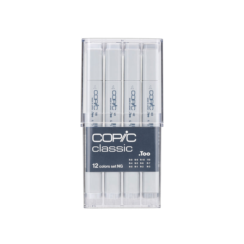 Copic Classic 12 colours set NG in its closed clear case with grey sleeve