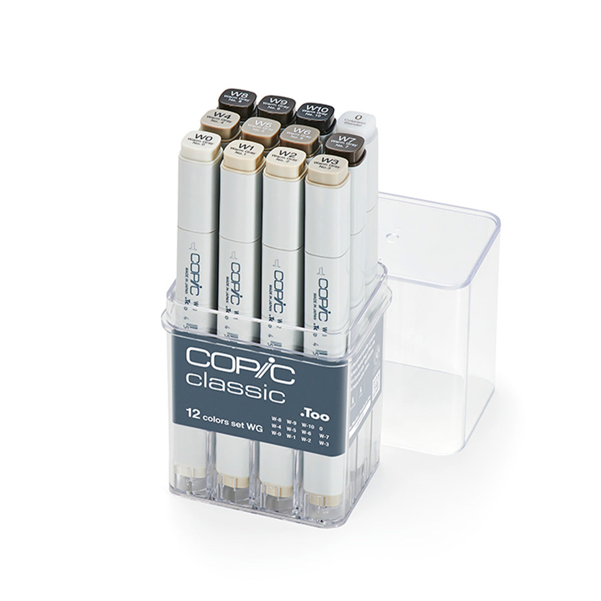 Copic Classic 12 colour Warm Gray set WG in an open clear acrylic case showing W0 to W10 and 0 caps