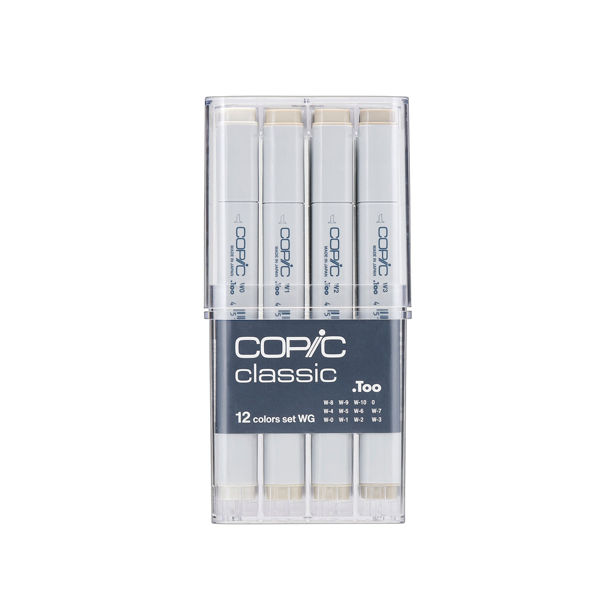 Copic Classic 12 colours set WG in its closed clear case with grey sleeve