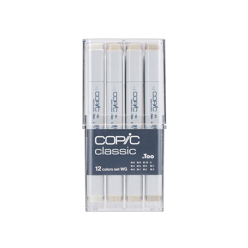 Copic Classic 12 colours set WG in its closed clear case with grey sleeve