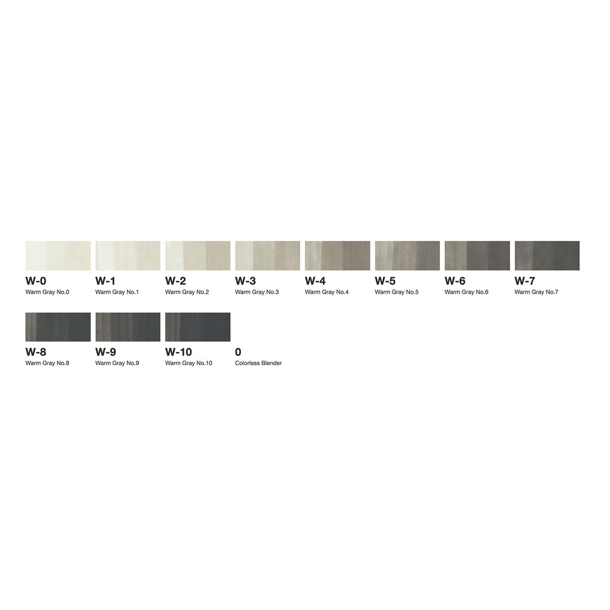 Swatch chart of Copic Warm Gray W-0 to W-10 and 0 Colourless Blender