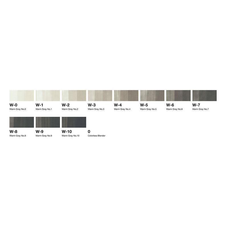 Swatch chart of Copic Warm Gray W-0 to W-10 and 0 Colourless Blender