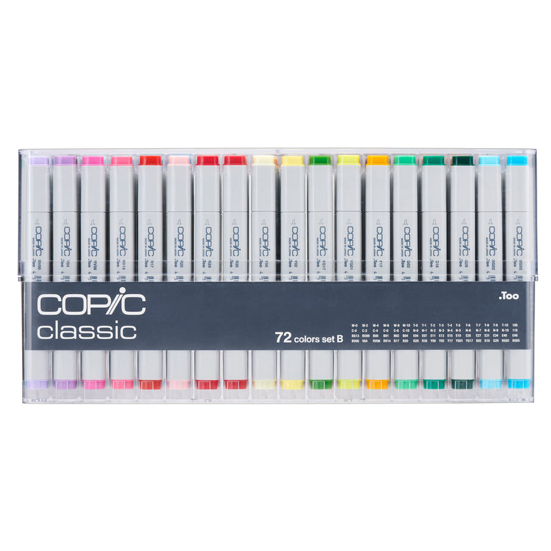 Copic Classic 72 colours set B front view in its closed case with the code list on the sleeve