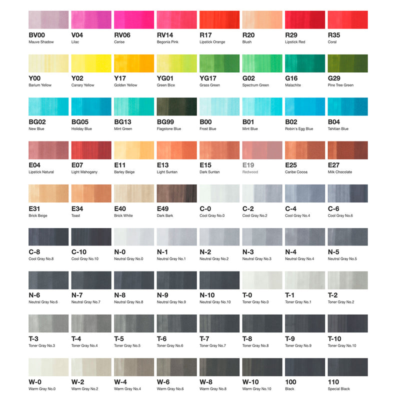 Swatch chart of the 72 Copic Classic Set B colours with codes and names