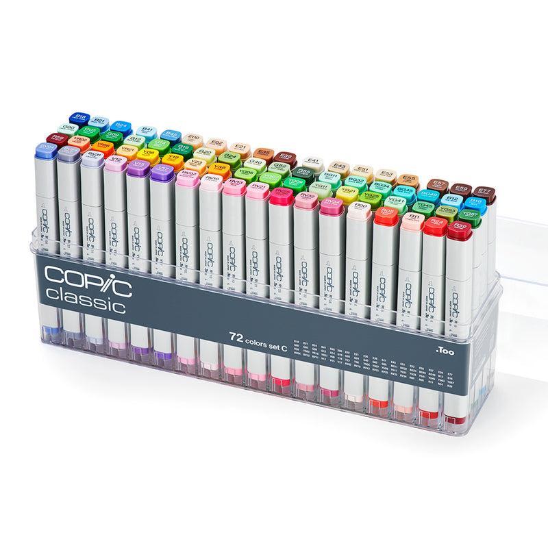 Copic Classic 72 colours set C in an open clear acrylic case showing pastel, green, blue and brown caps
