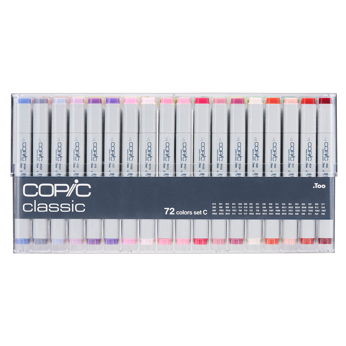Copic Classic 72 colours set C front view in its closed case with the code list on the sleeve