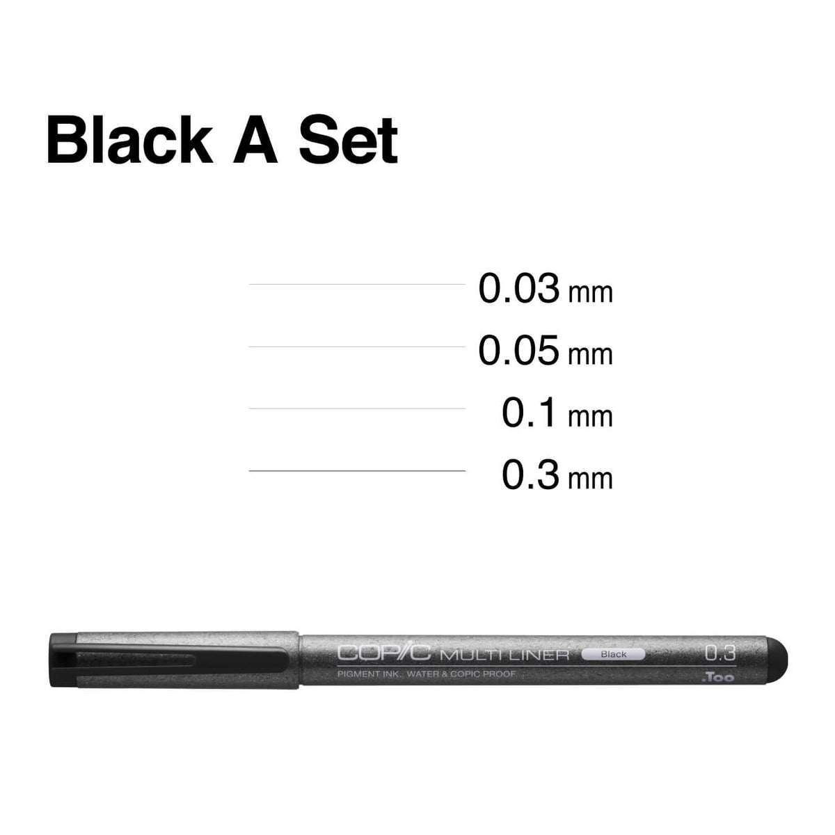 Black Copic Multiliner pen with sample lines at 0.03, 0.05, 0.1 and 0.3 mm