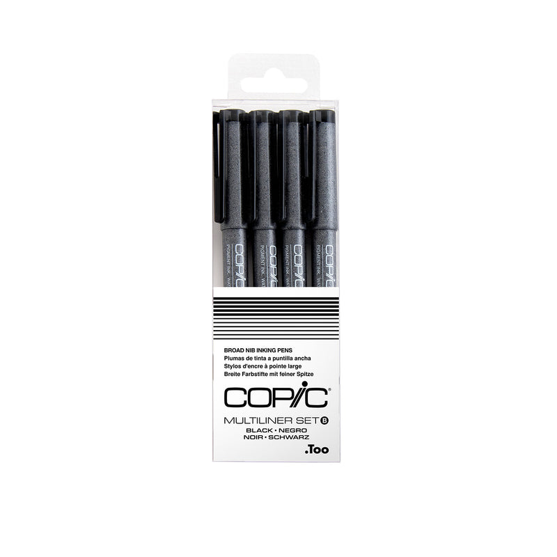 Copic Multiliner Black Set B of four broad nib inking pens in a clear hang pack