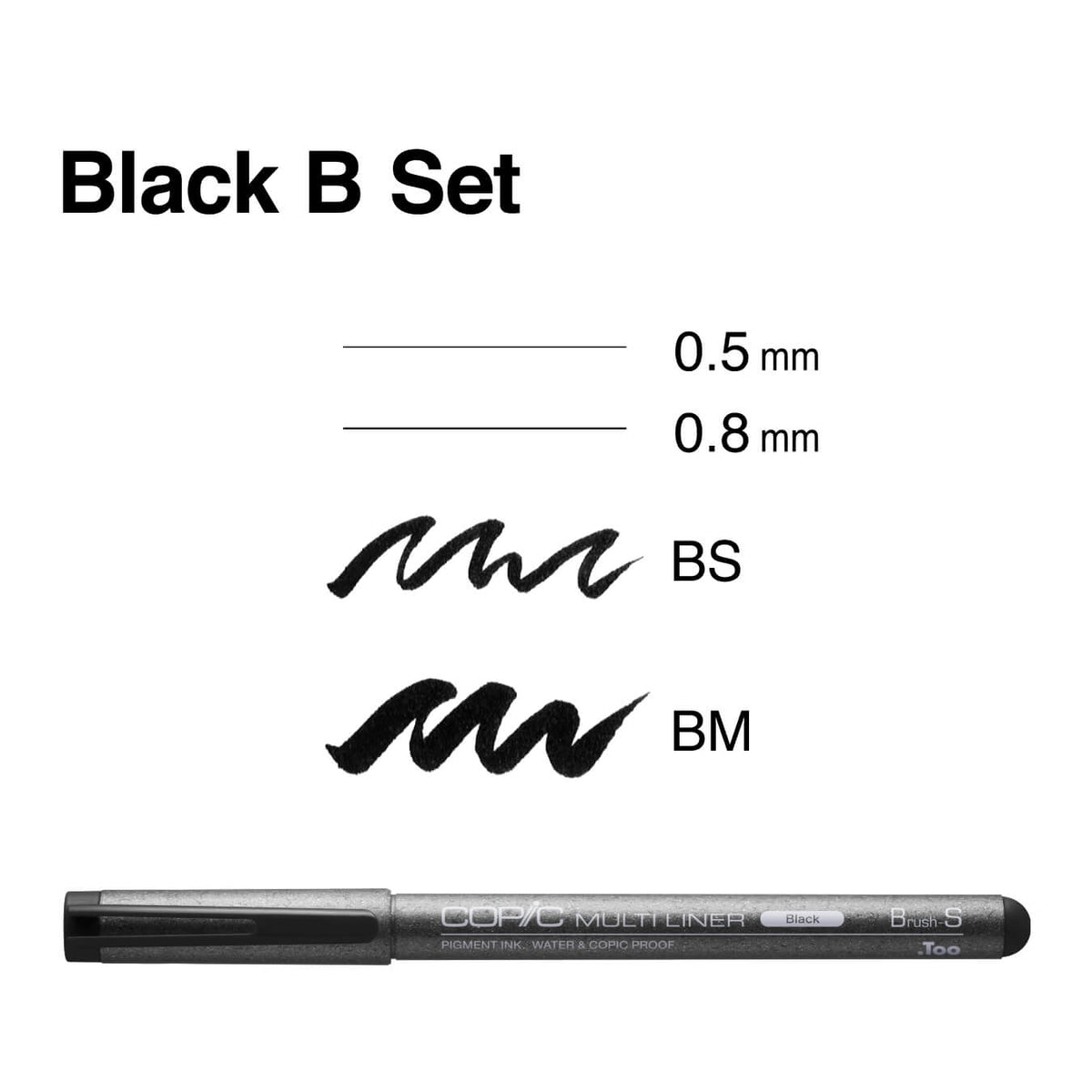 Black Copic Multiliner brush pen with sample 0.5 and 0.8 mm lines and BS and BM brush strokes