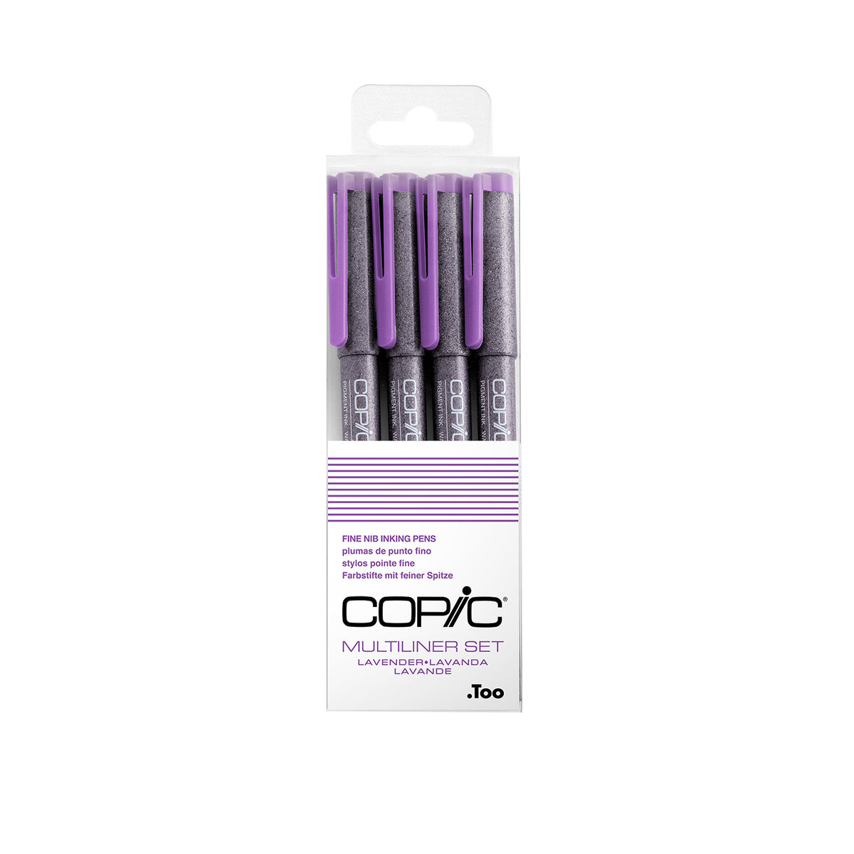 Copic Multiliner Lavender set of four pens with purple caps in a clear hang pack