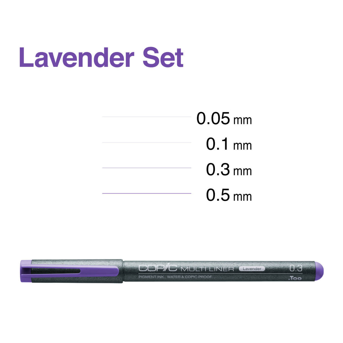 Lavender Copic Multiliner pen with sample lines at 0.05, 0.1, 0.3 and 0.5 mm