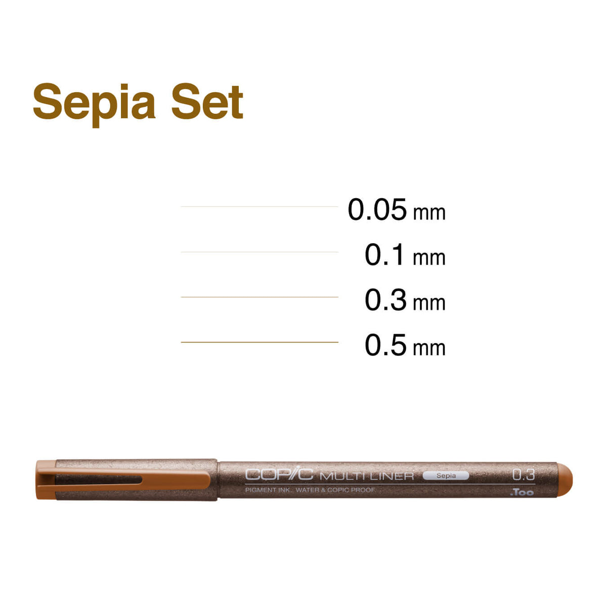 Sepia Copic Multiliner pen with sample lines at 0.05, 0.1, 0.3 and 0.5 mm