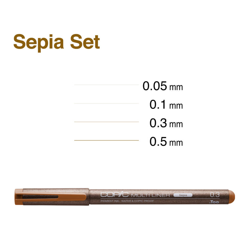 Sepia Copic Multiliner pen with sample lines at 0.05, 0.1, 0.3 and 0.5 mm